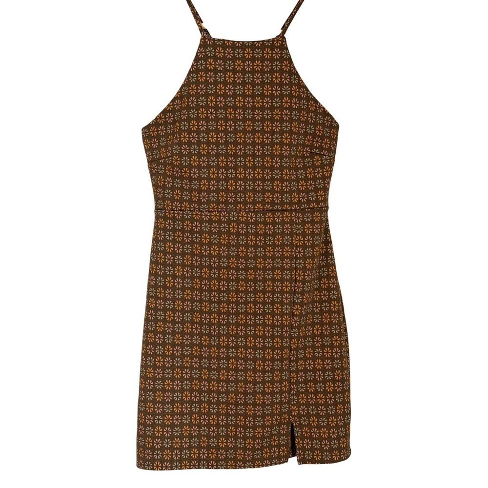Altar'd State Retro Floral Halter Mini Dress Womens S Brown Boho Y2K Boho Chic - Picture 2 of 10